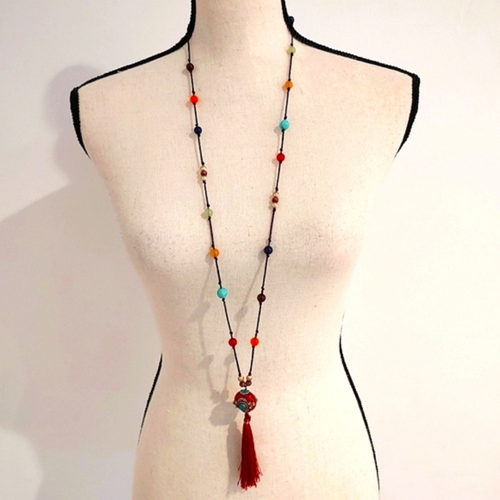 Asian Style Beaded Tassel Long Necklace Red Blue